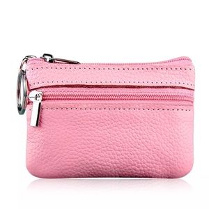 Soft Leather Change Purse with Key Ring, Baby Pink